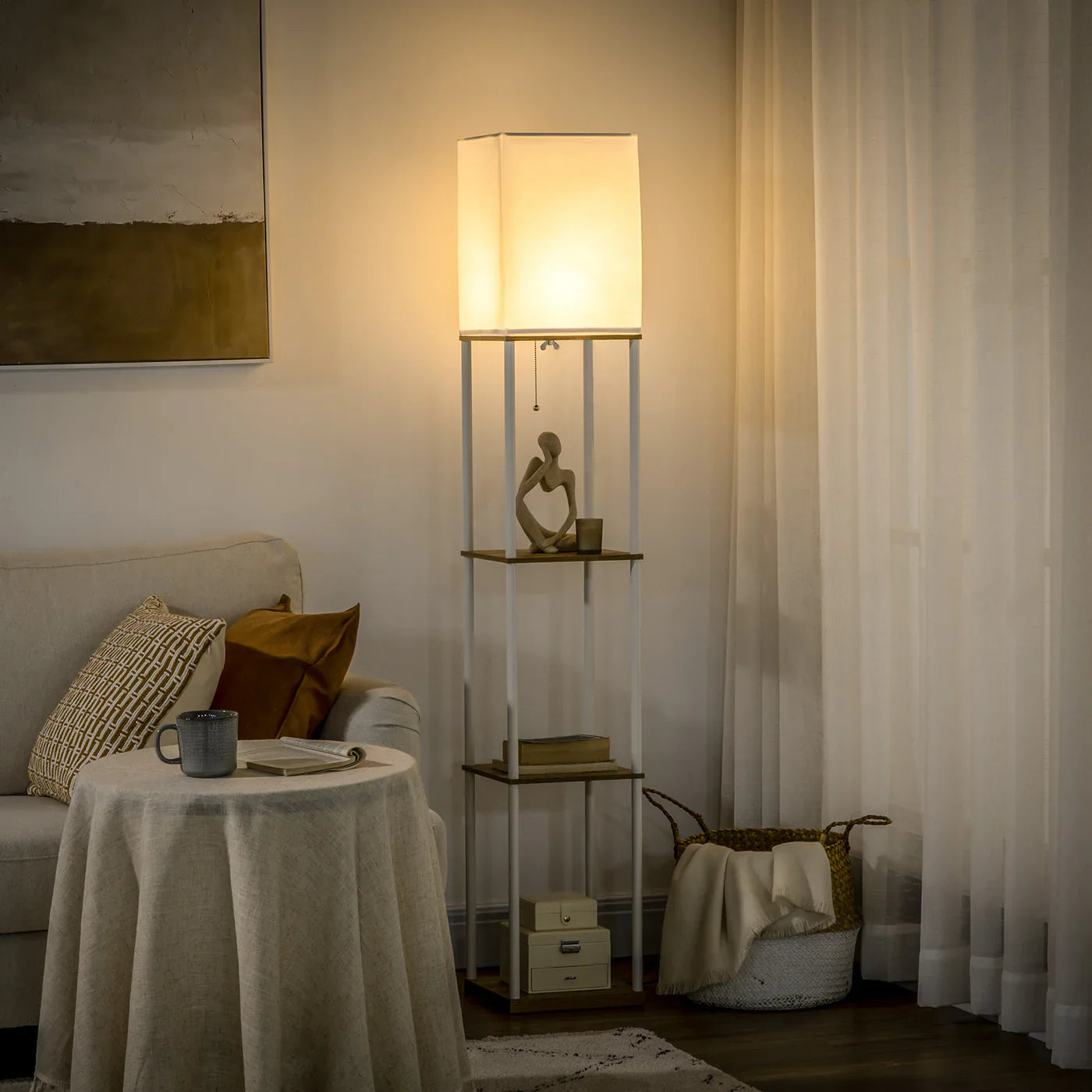 3-Tier Floor Lamp with Storage & Fabric Shade