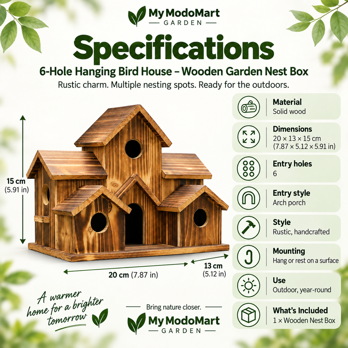 6-Hole Hanging Bird House – Wooden Garden Nest Box