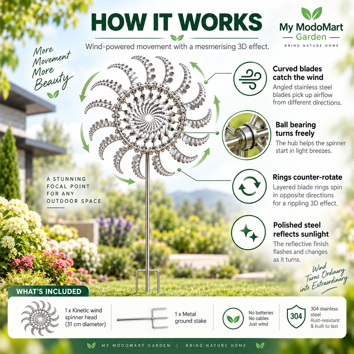 Kinetic Sculpture Wind Spinner – Stainless Metal Garden Art