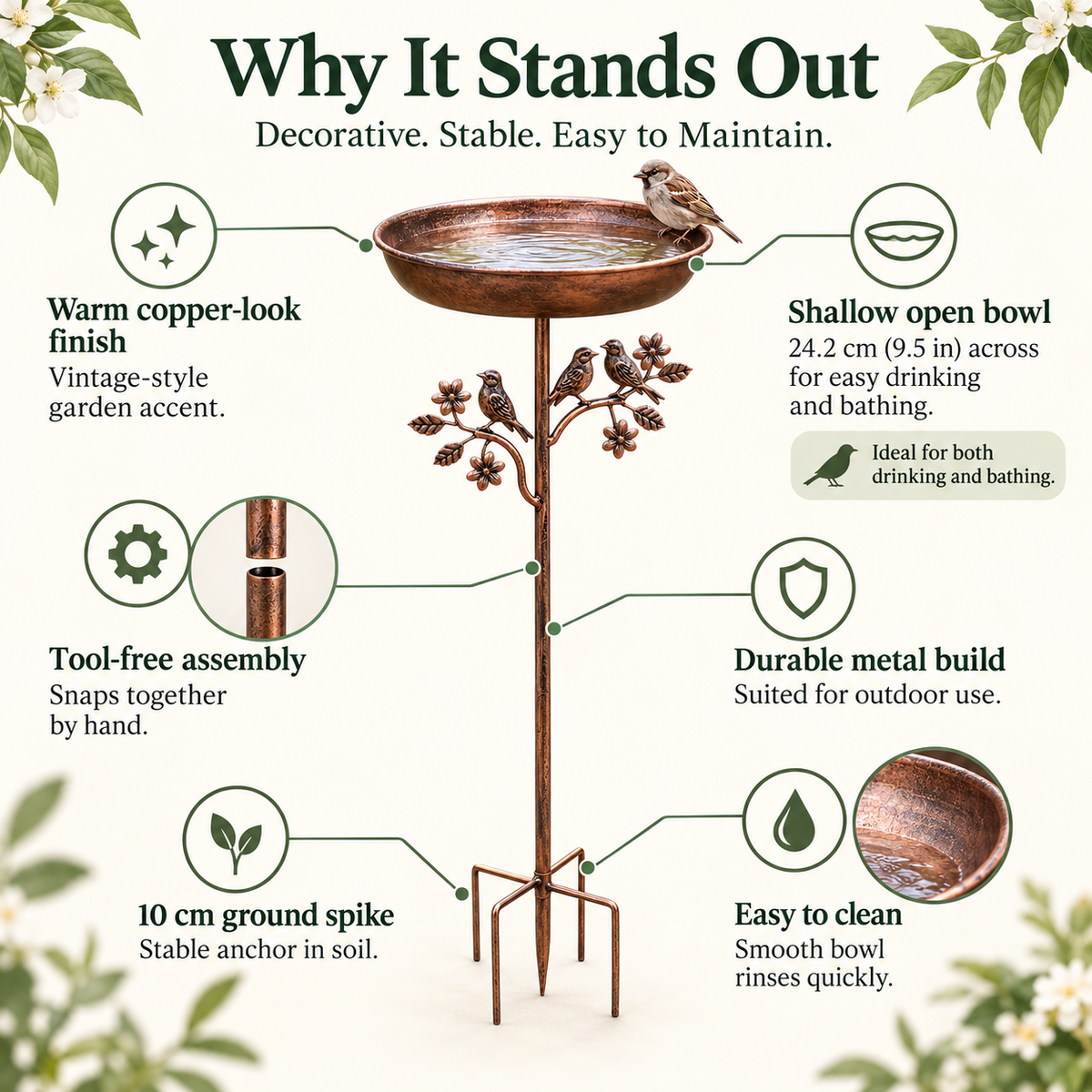 Standing Bird Bath – Copper-Look Garden Stake Design