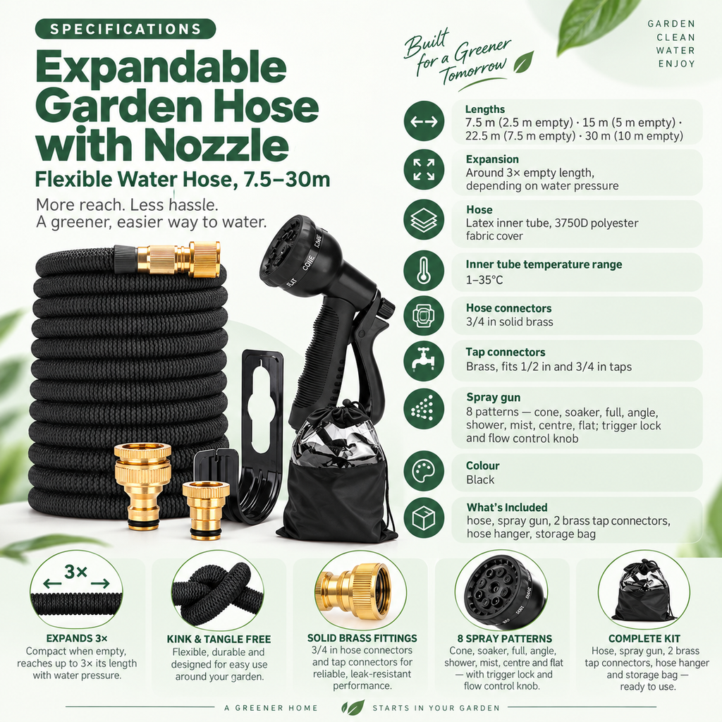 Expandable Garden Hose with Nozzle – Flexible Water Hose, 7.5–30m