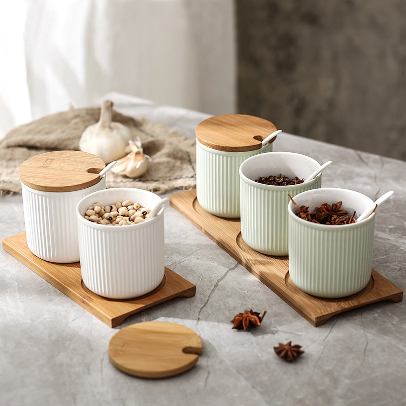 3-Piece Ceramic Spice Jar Set with Bamboo Lids