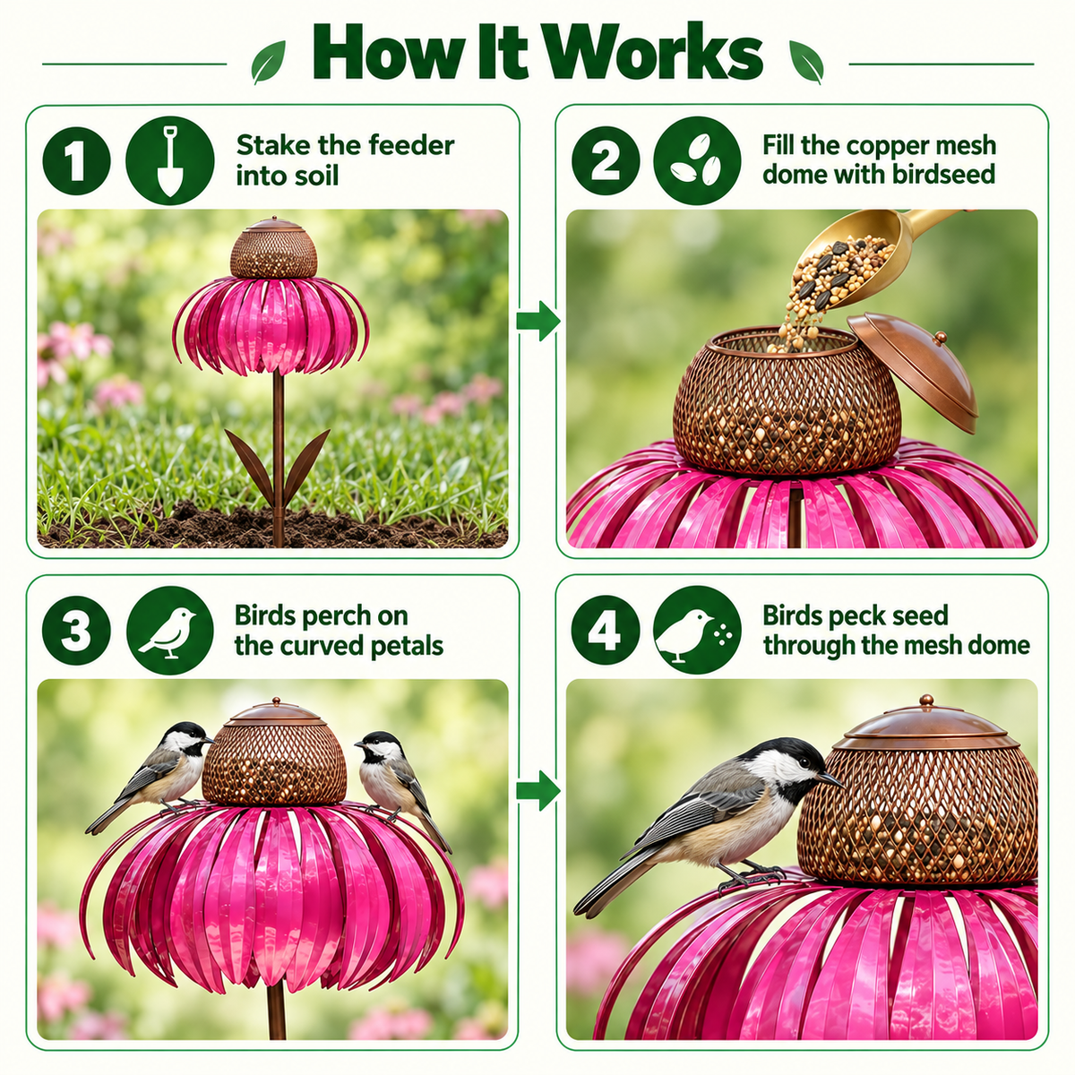 Flower Bird Feeder – Metal Garden Stake, 3 Colours
