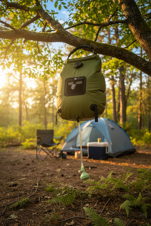 20L Portable Solar Shower Bag hanging at campsite during golden hour