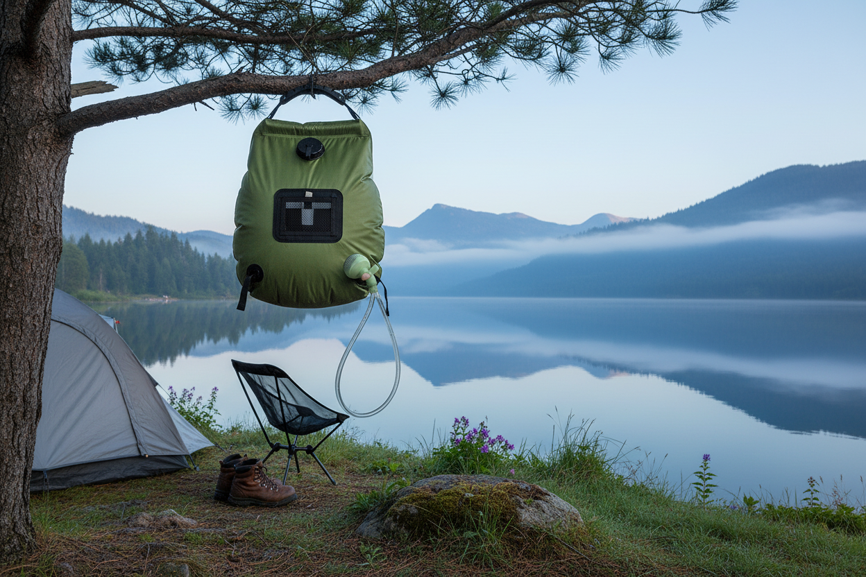 20L Solar Shower Bag at lakeside campsite during morning