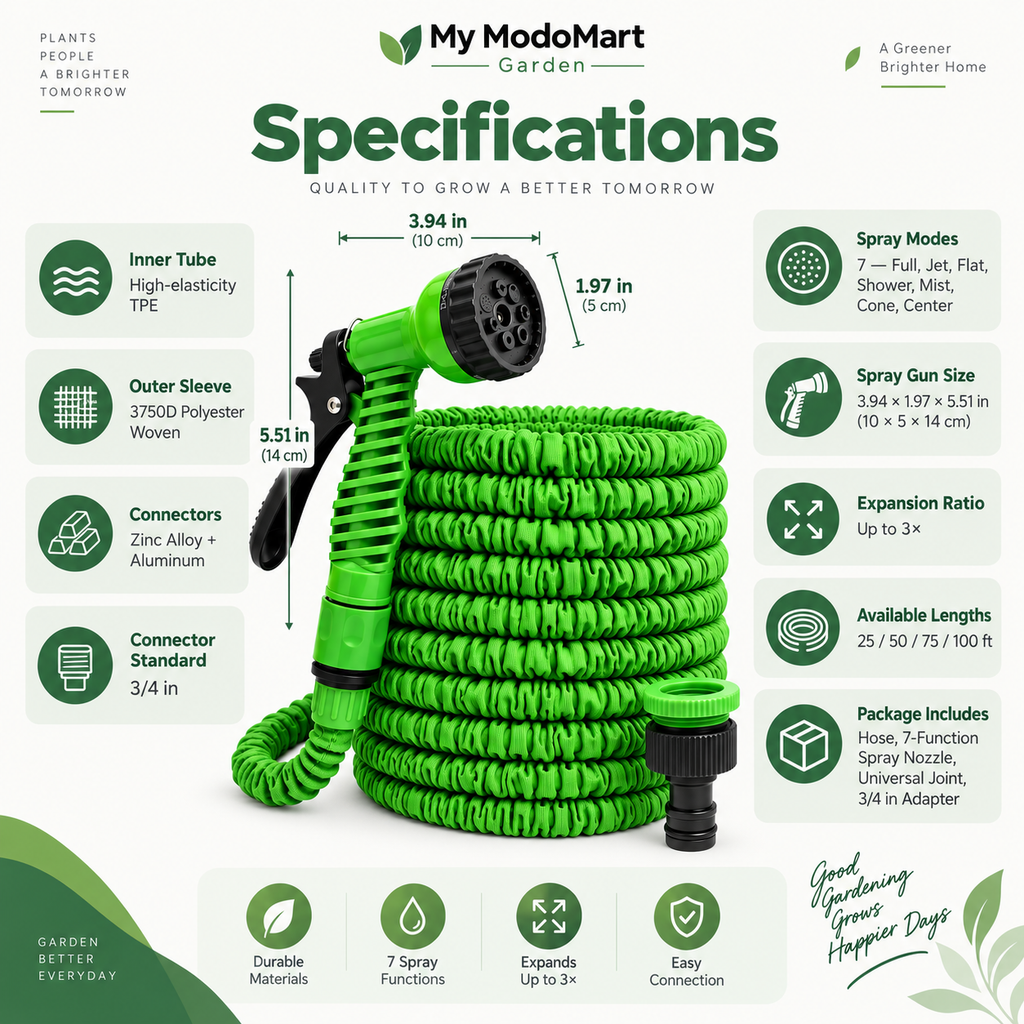 Kink-Free Expandable Water Hose – Flexible Garden Hose with 7-Function Spray Nozzle