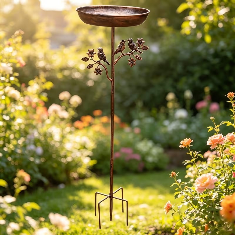 Standing Bird Bath – Copper-Look Garden Stake Design