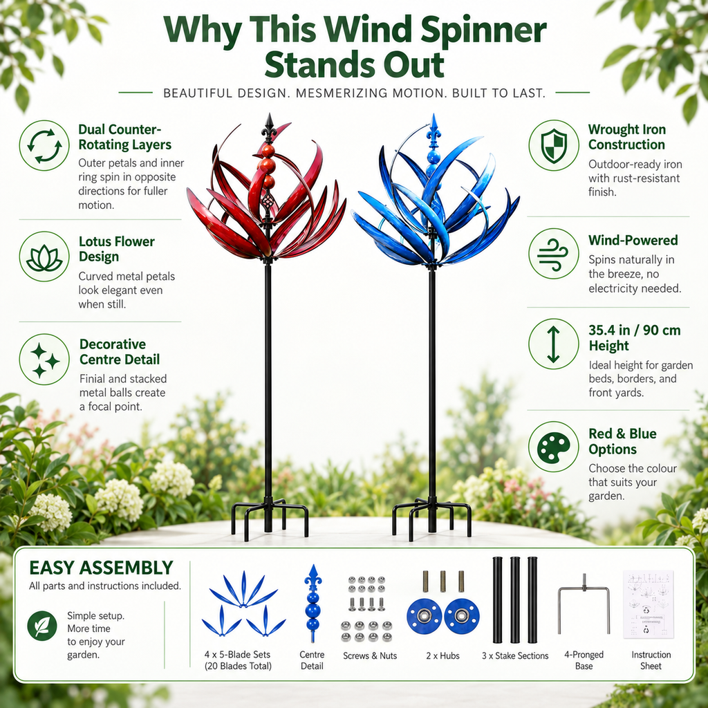 Lotus Wind Spinner – Metal Garden Decor and Garden Ornaments, 90cm