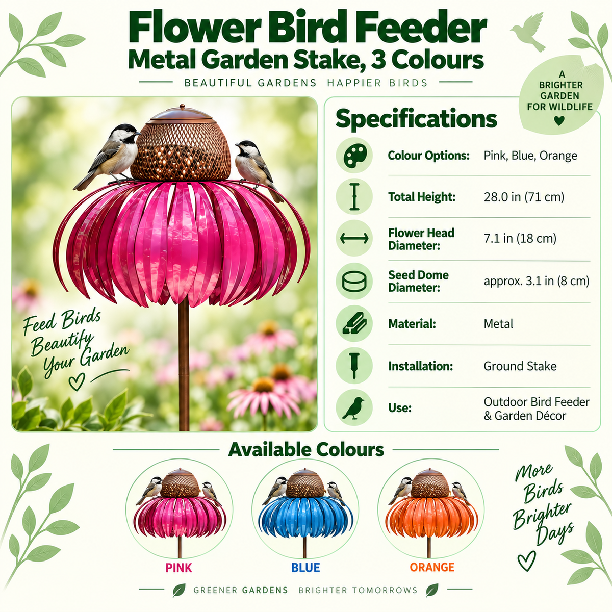 Flower Bird Feeder – Metal Garden Stake, 3 Colours
