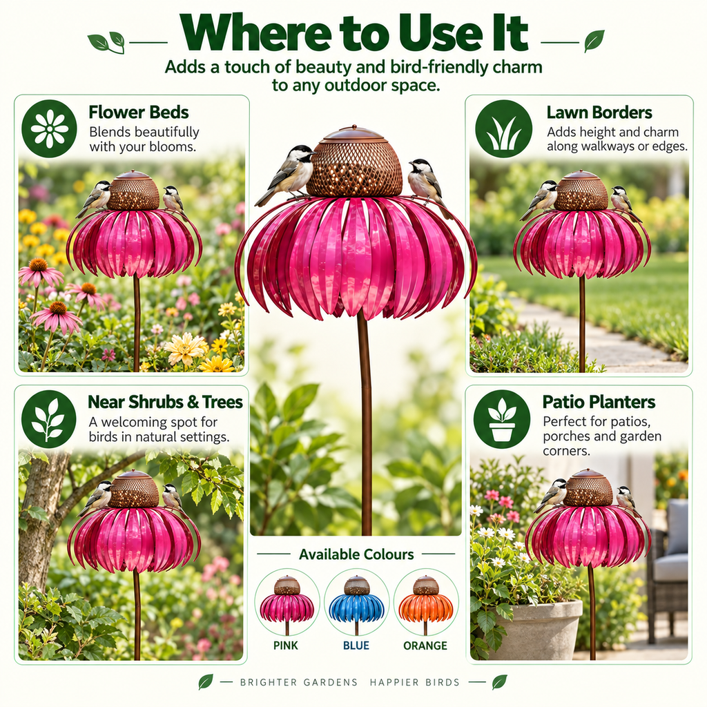 Flower Bird Feeder – Metal Garden Stake, 3 Colours