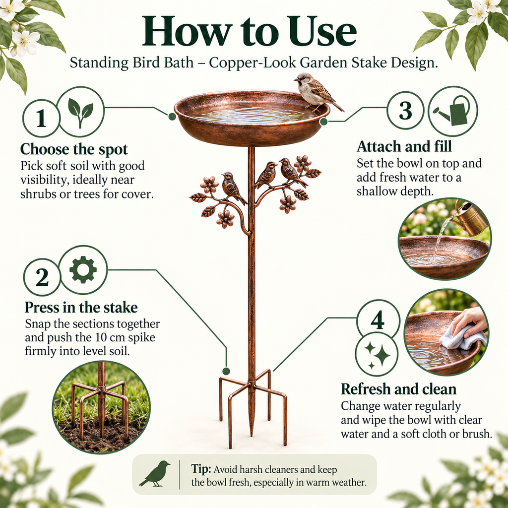 Standing Bird Bath – Copper-Look Garden Stake Design