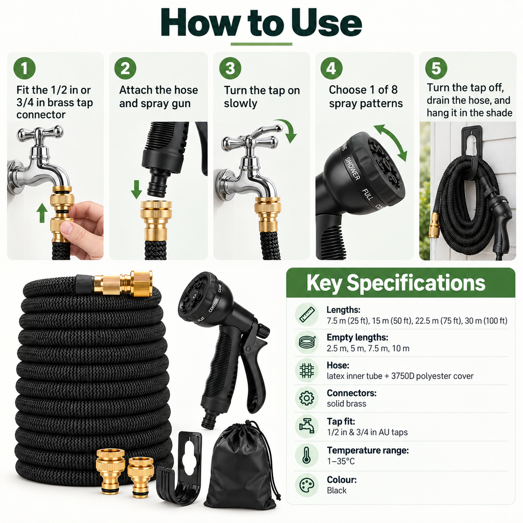 Expandable Garden Hose with Nozzle – Flexible Water Hose, 7.5–30m
