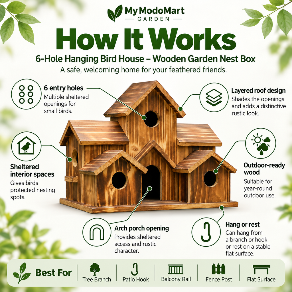 6-Hole Hanging Bird House – Wooden Garden Nest Box