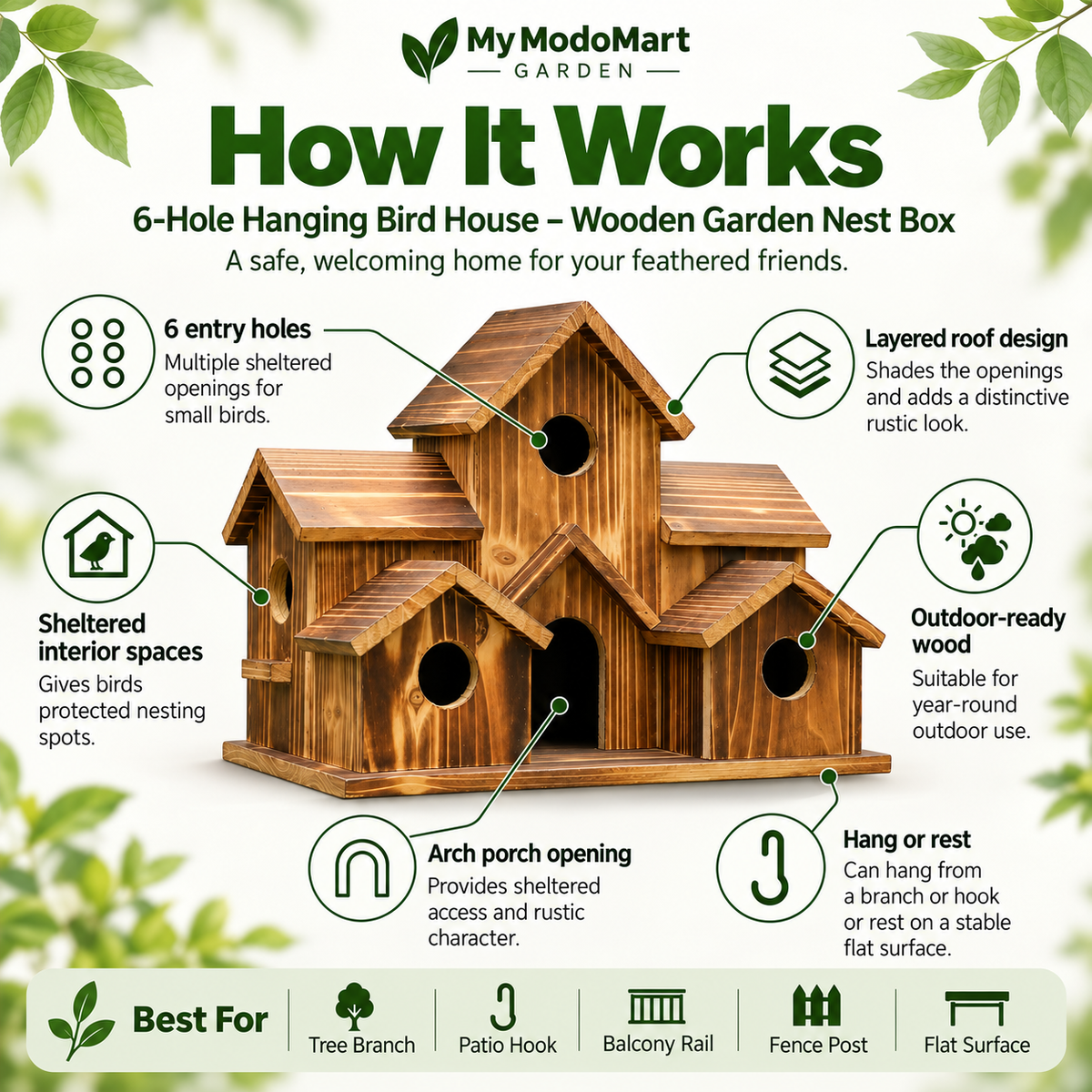6-Hole Hanging Bird House – Wooden Garden Nest Box