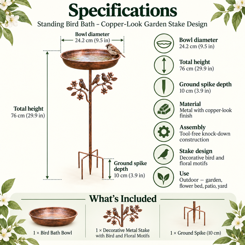 Standing Bird Bath – Copper-Look Garden Stake Design