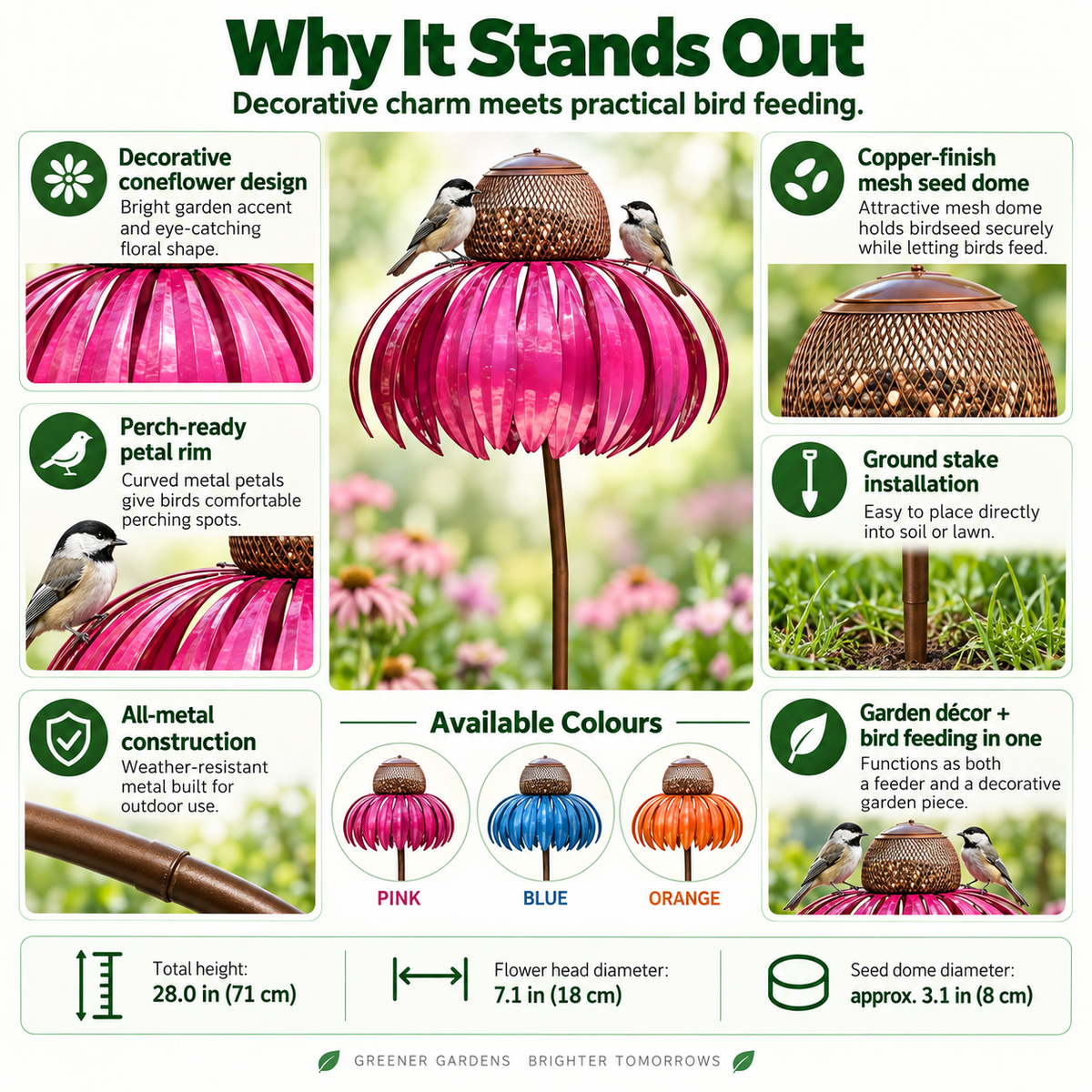Flower Bird Feeder – Metal Garden Stake, 3 Colours