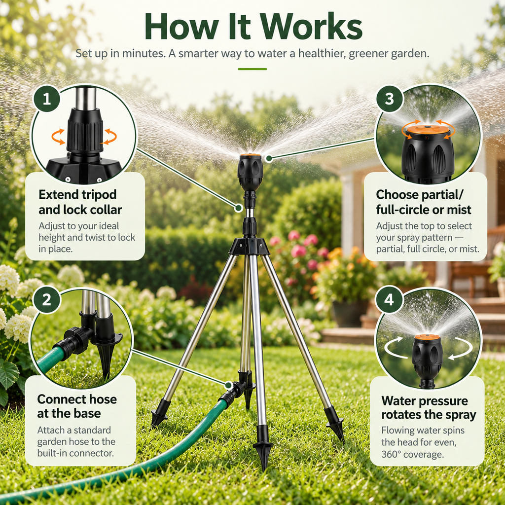 Adjustable Rotating Lawn Sprinkler – Garden Sprinkler with Tripod Stand