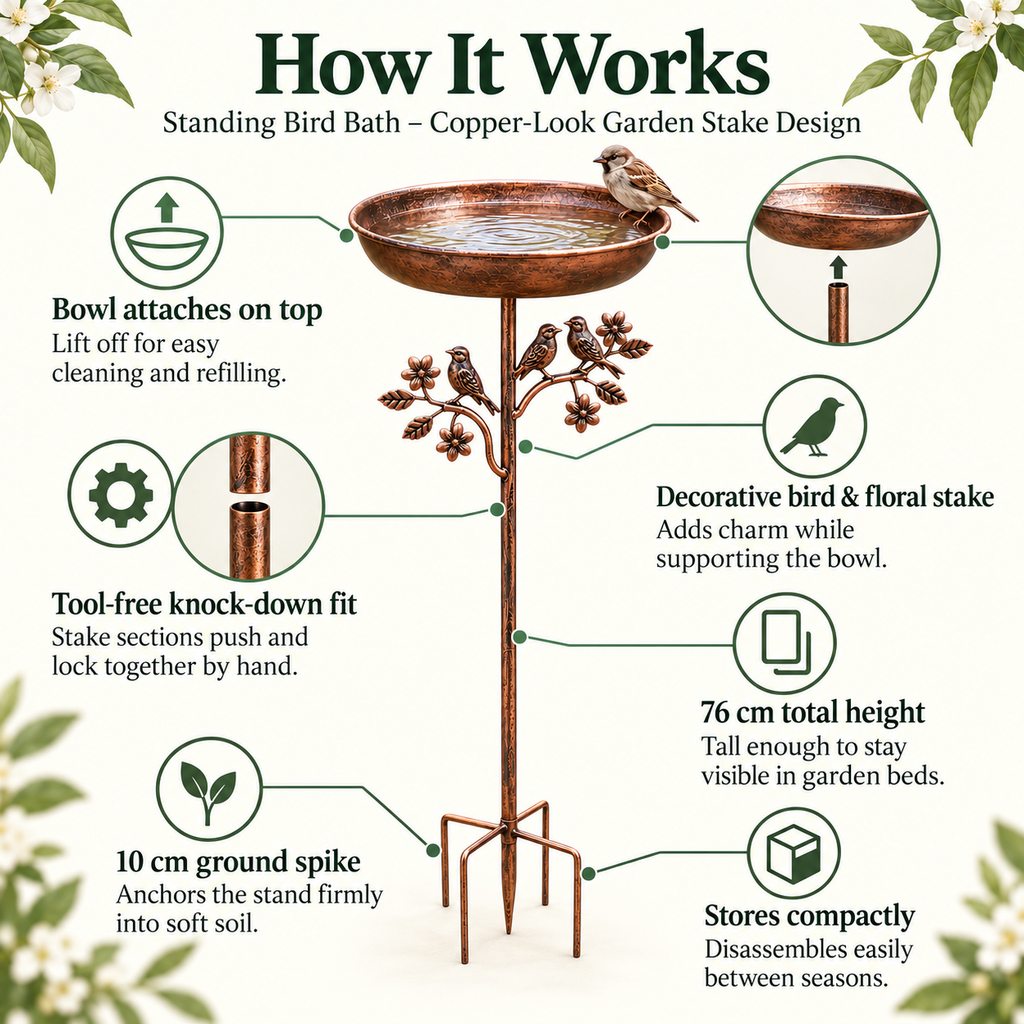 Standing Bird Bath – Copper-Look Garden Stake Design
