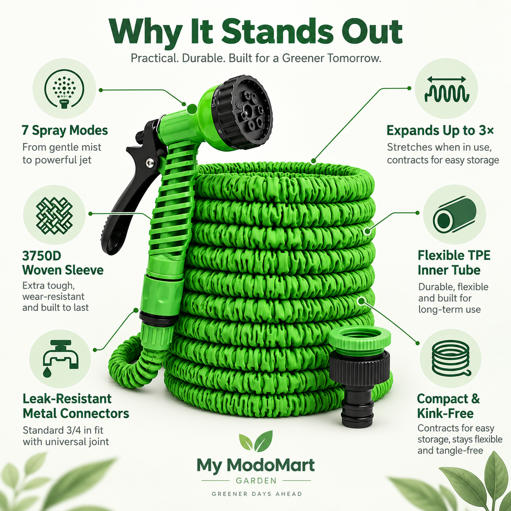 Kink-Free Expandable Water Hose – Flexible Garden Hose with 7-Function Spray Nozzle