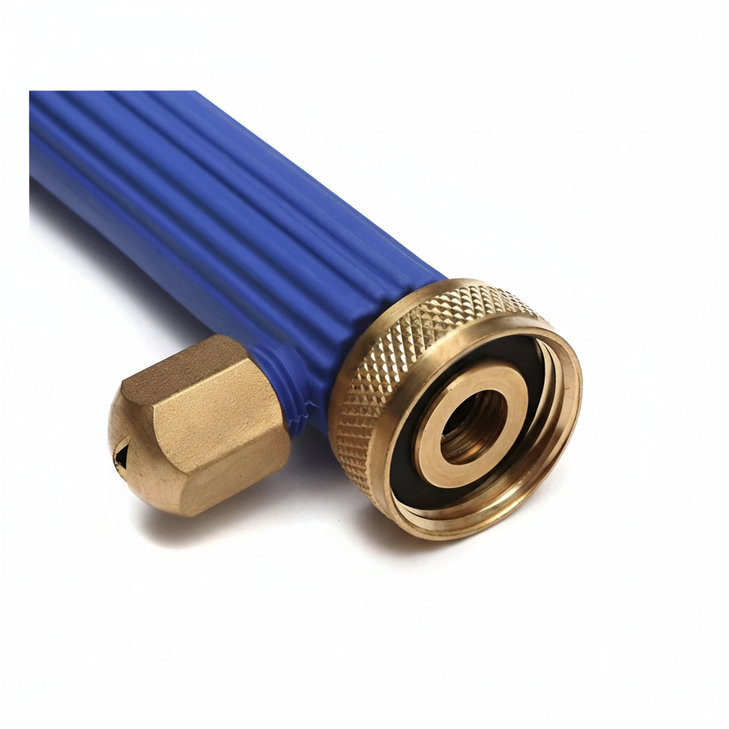 Blue hose with brass fitting on a white background
