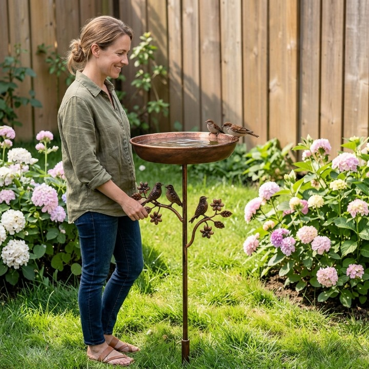 Standing Bird Bath – Copper-Look Garden Stake Design