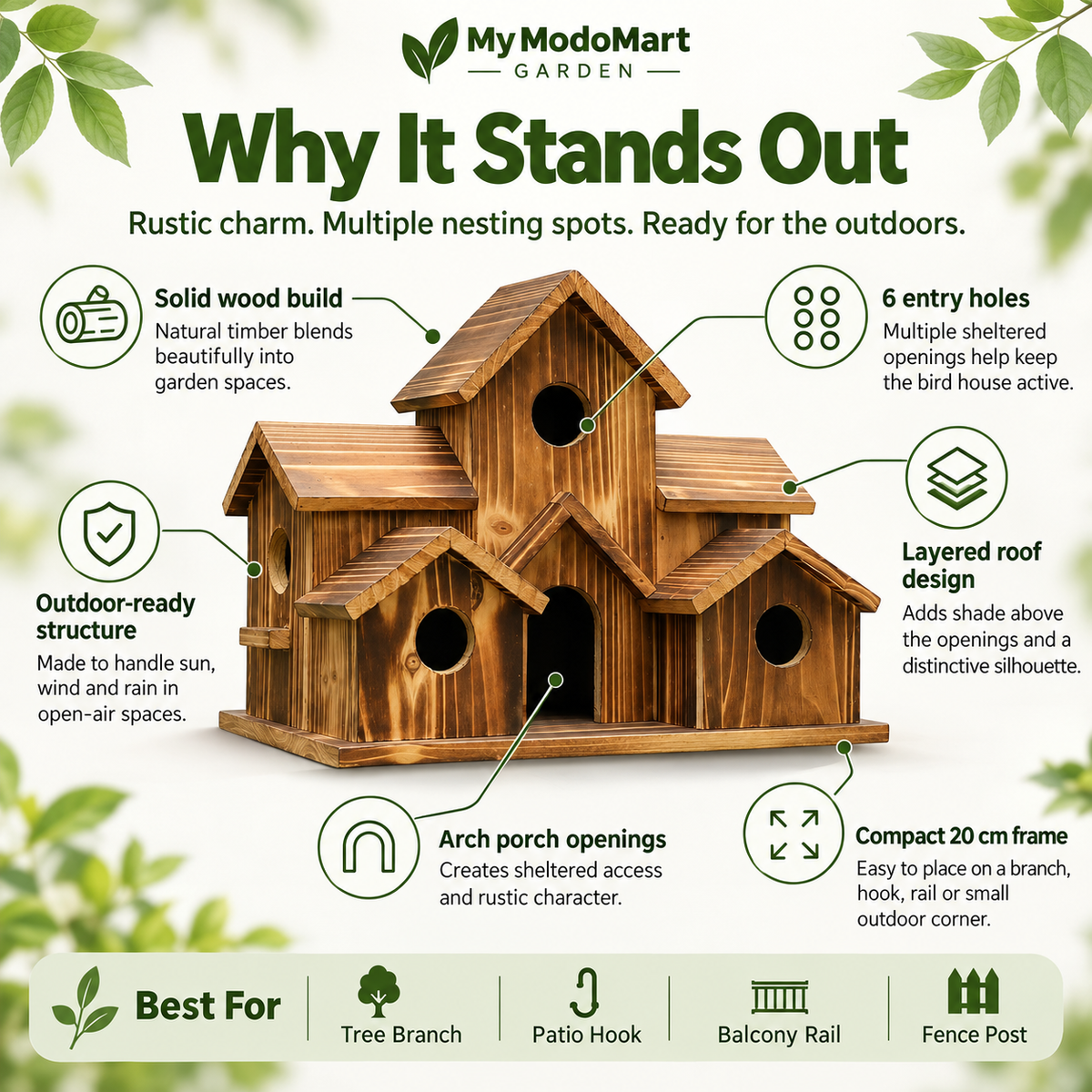 6-Hole Hanging Bird House – Wooden Garden Nest Box