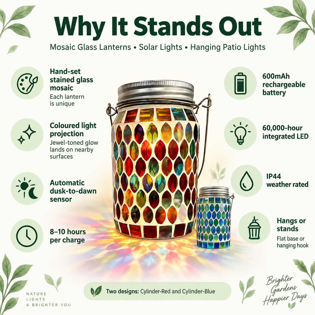 Mosaic Glass Lanterns – Solar Lights, Hanging Patio Lights