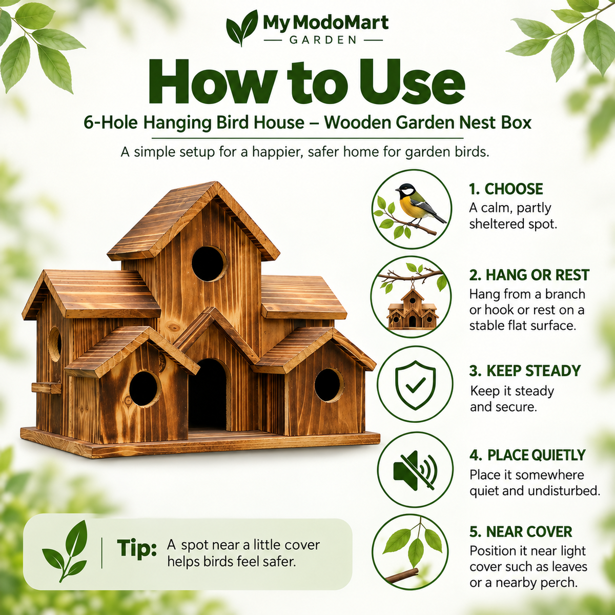 6-Hole Hanging Bird House – Wooden Garden Nest Box