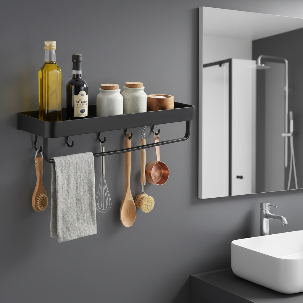 Bathroom shelf - charcoal gray walls