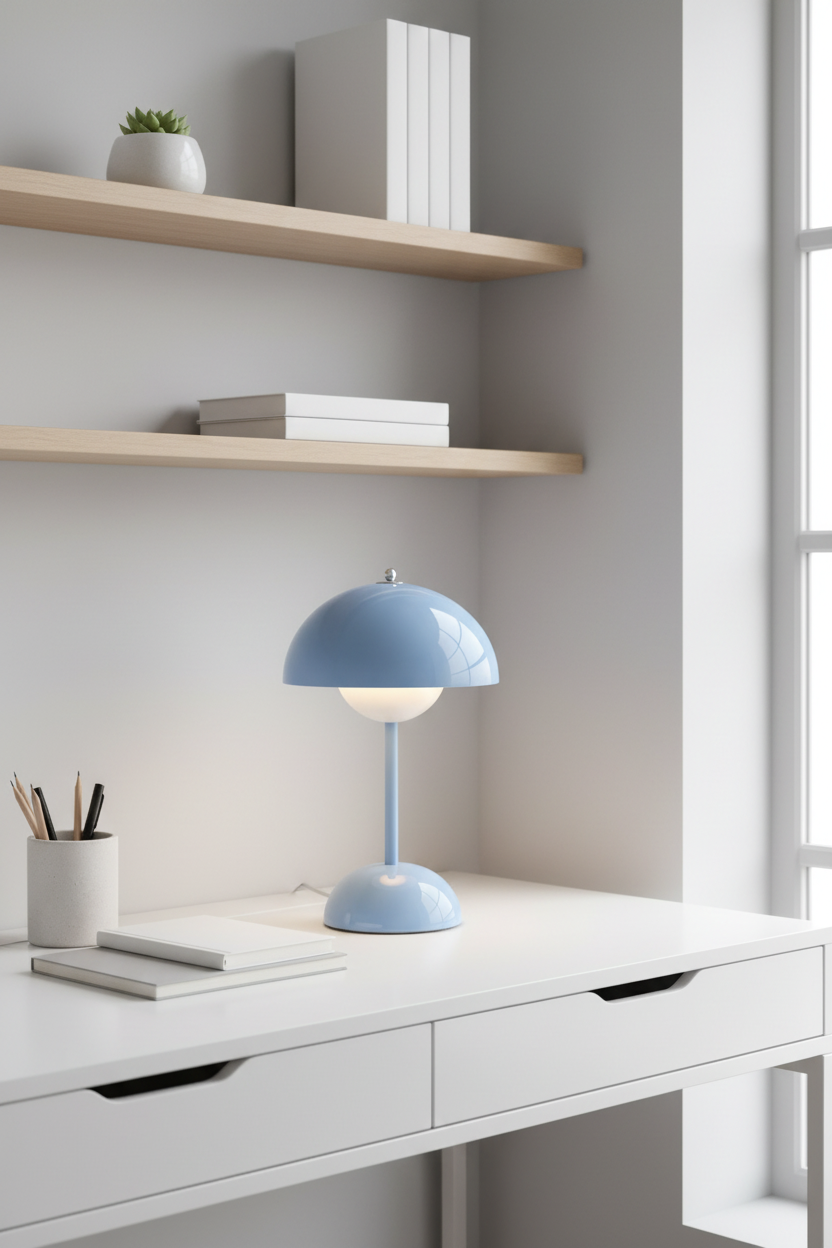 Blue lamp in minimalist workspace