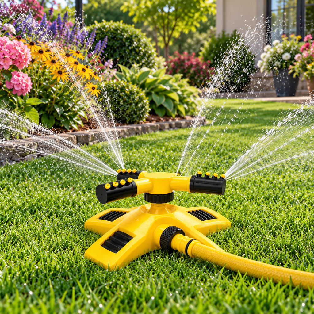 360° Rotating Garden Sprinkler – Triple Nozzle Lawn Water Sprinkler
