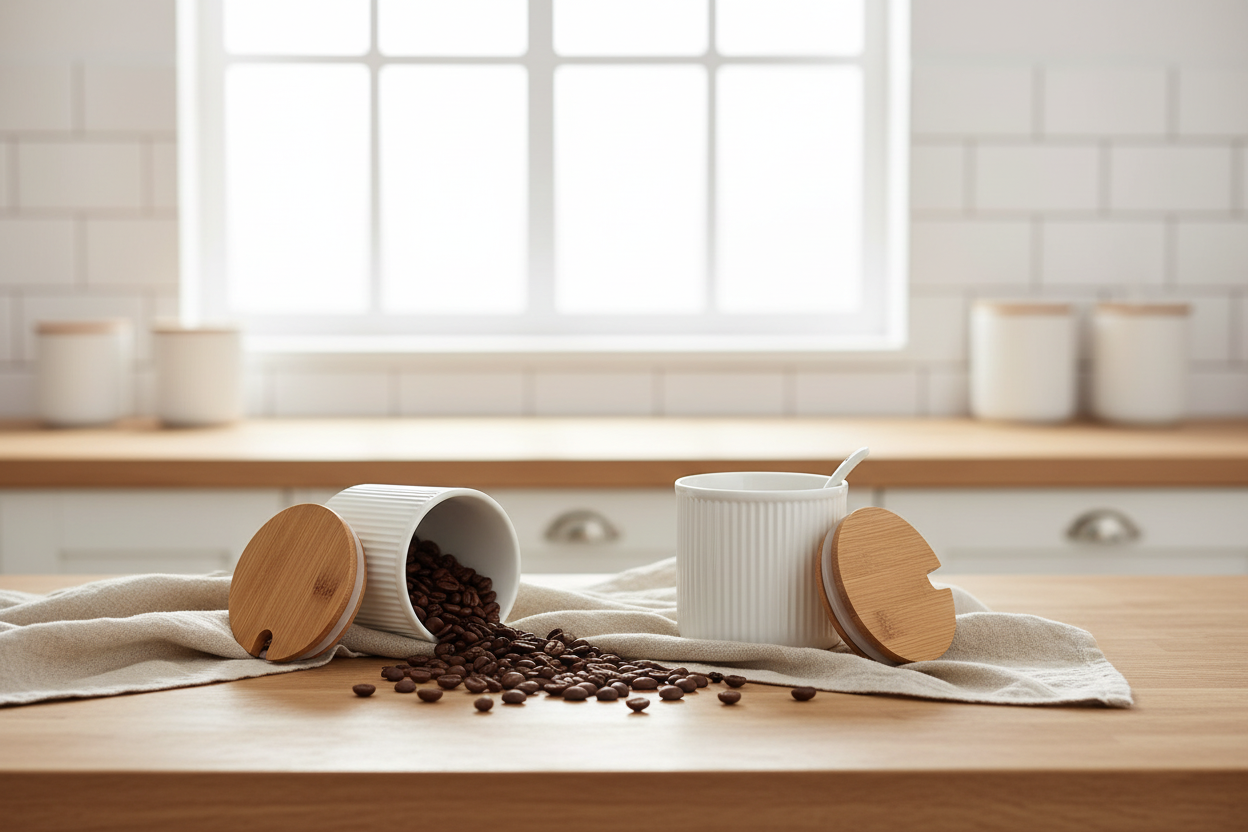 Ceramic storage jar with spilled coffee beans