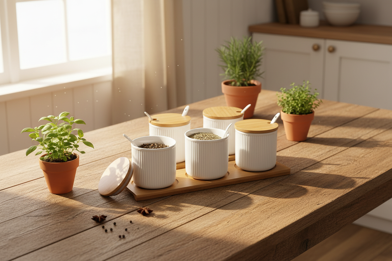 Ceramic storage jars on farmhouse table with herbs