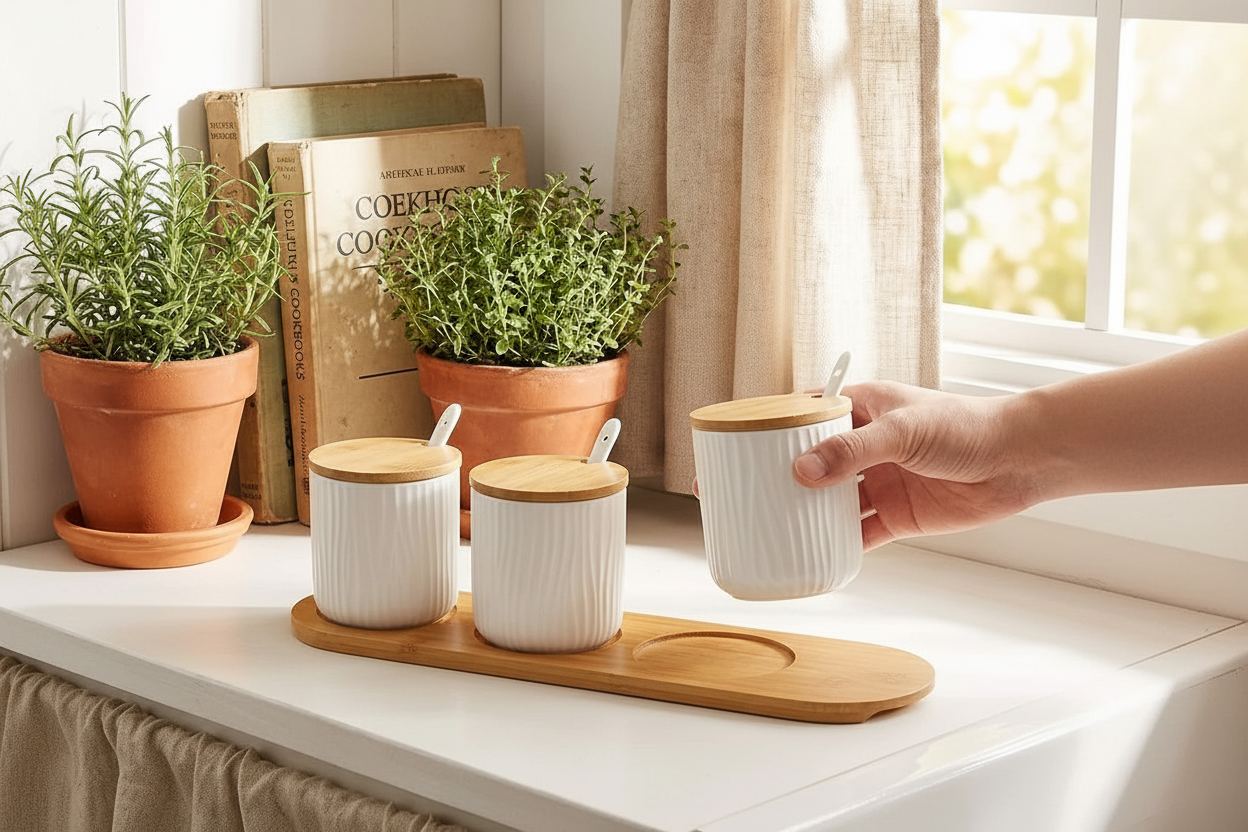 Ceramic storage jars on floating shelf with hand