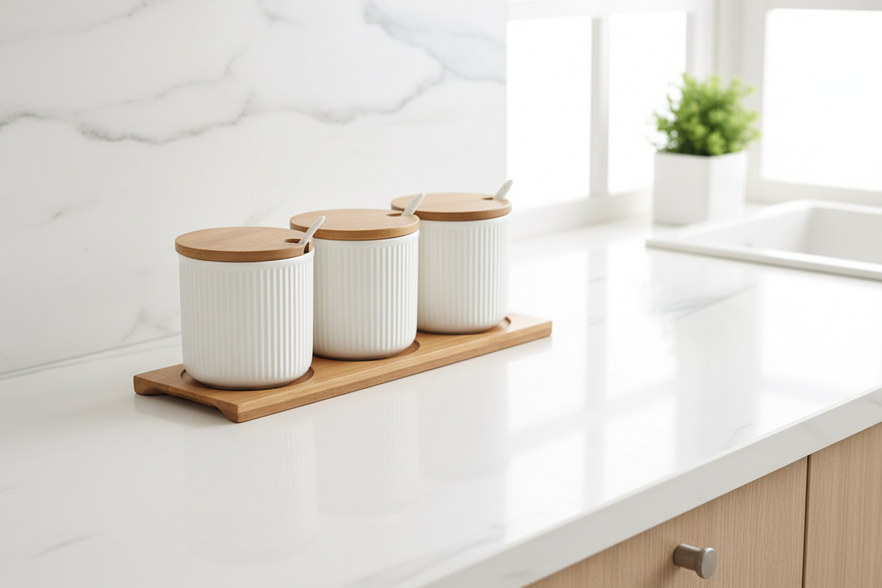 Ceramic storage jars on modern kitchen counter