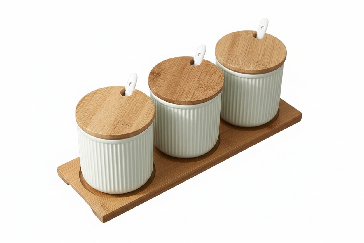 Ceramic storage jars set - elevated overhead angle