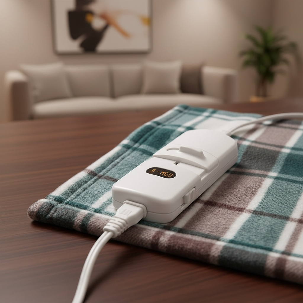 Controller on plaid blanket - dark wood surface
