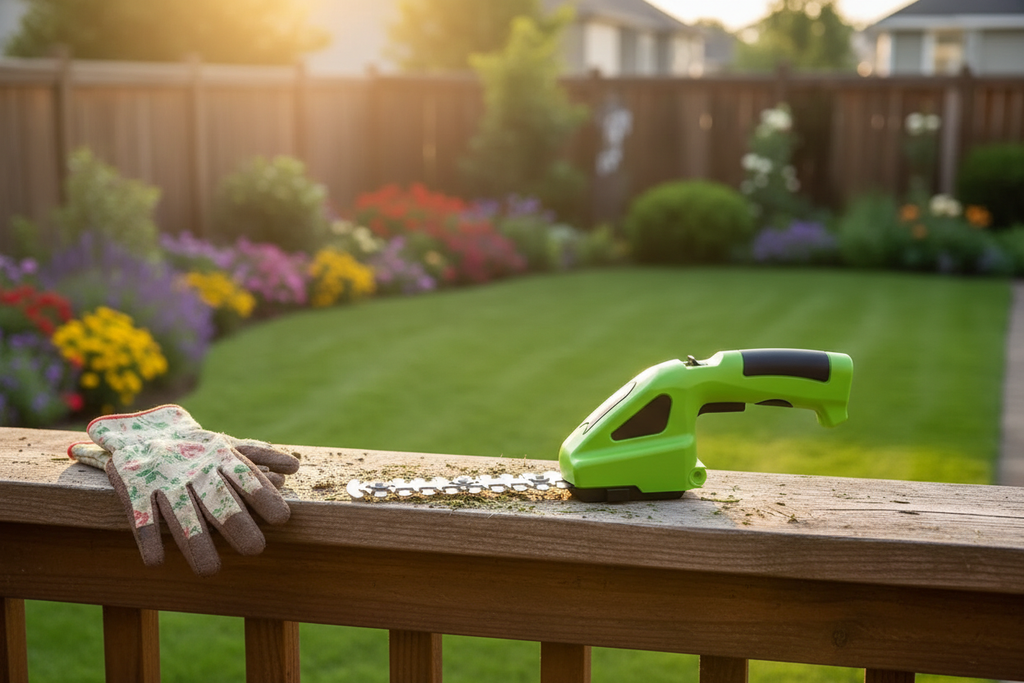 Cordless Grass Trimmer - deck railing side view