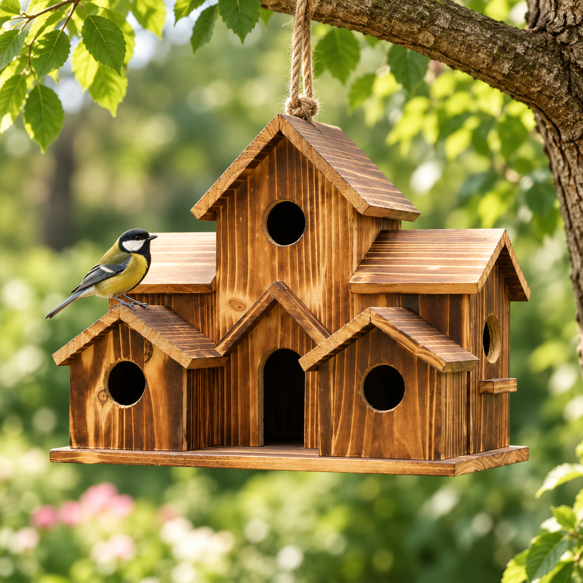 6-Hole Hanging Bird House – Wooden Garden Nest Box