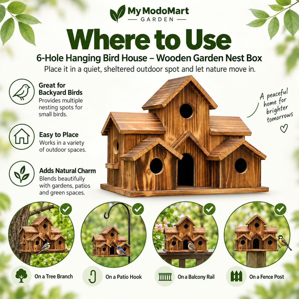 6-Hole Hanging Bird House – Wooden Garden Nest Box