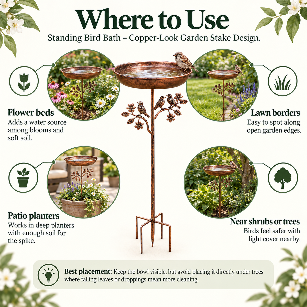 Standing Bird Bath – Copper-Look Garden Stake Design