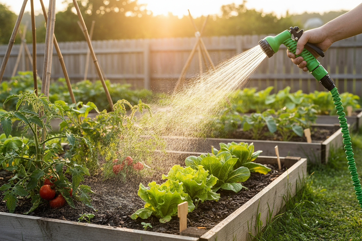 Expandable Garden Hose - vegetable garden low angle