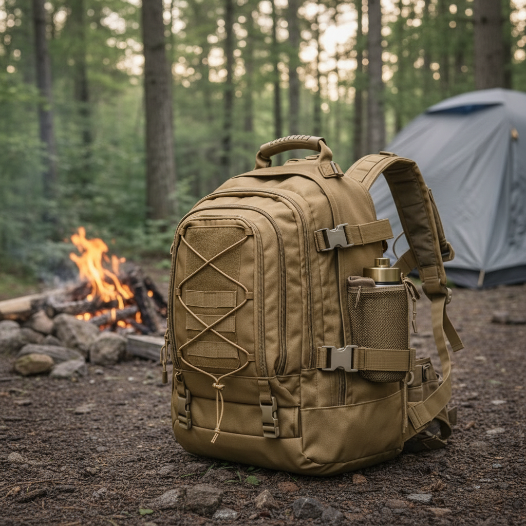 Expandable Outdoor Backpack at campsite - new angle