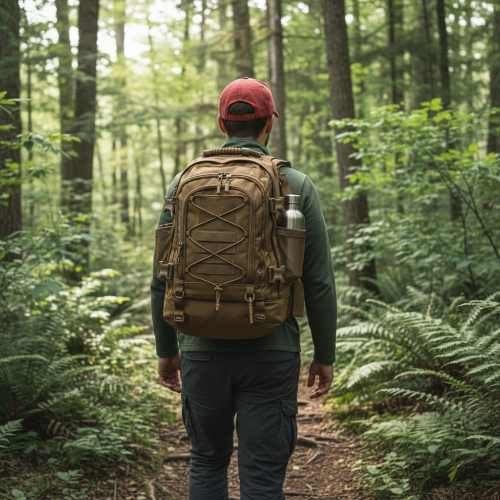 Expandable Outdoor Backpack worn on forest trail