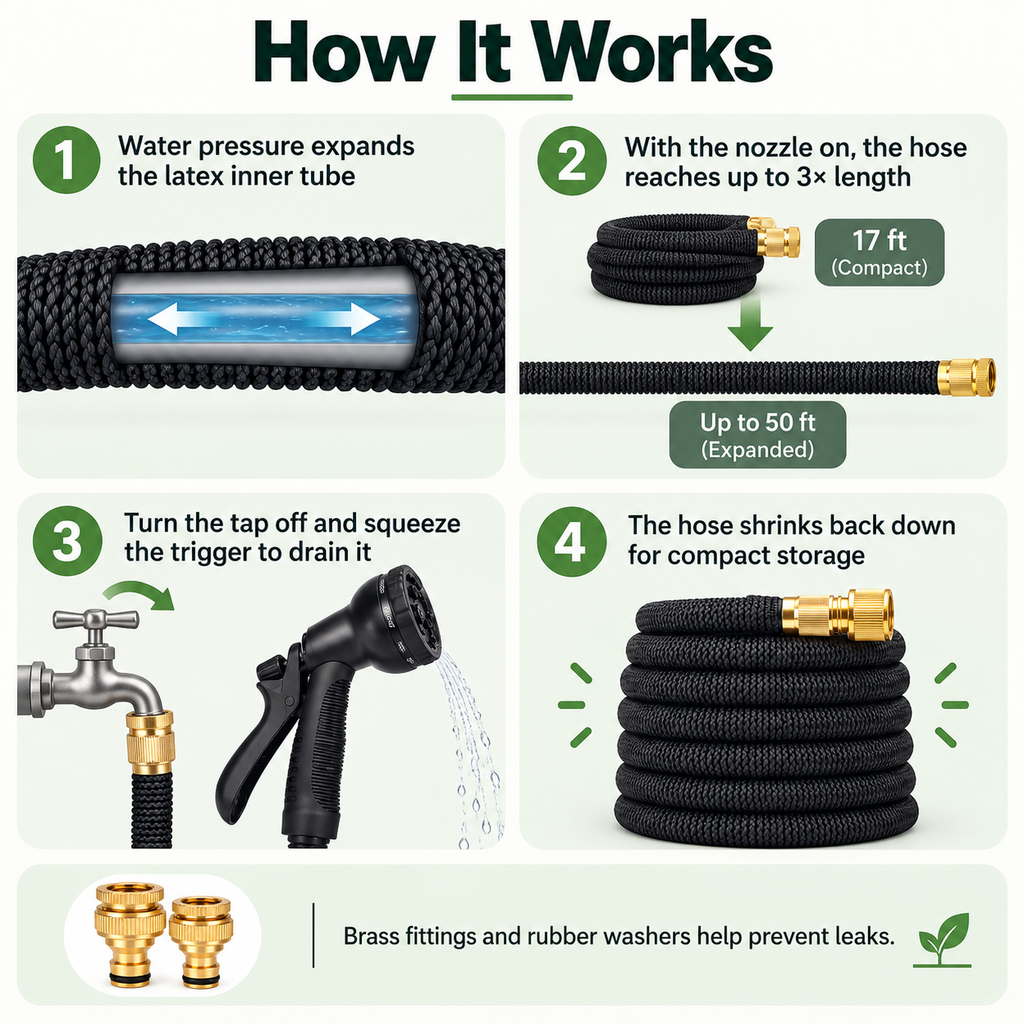 Expandable Garden Hose with Nozzle – Flexible Water Hose, 7.5–30m