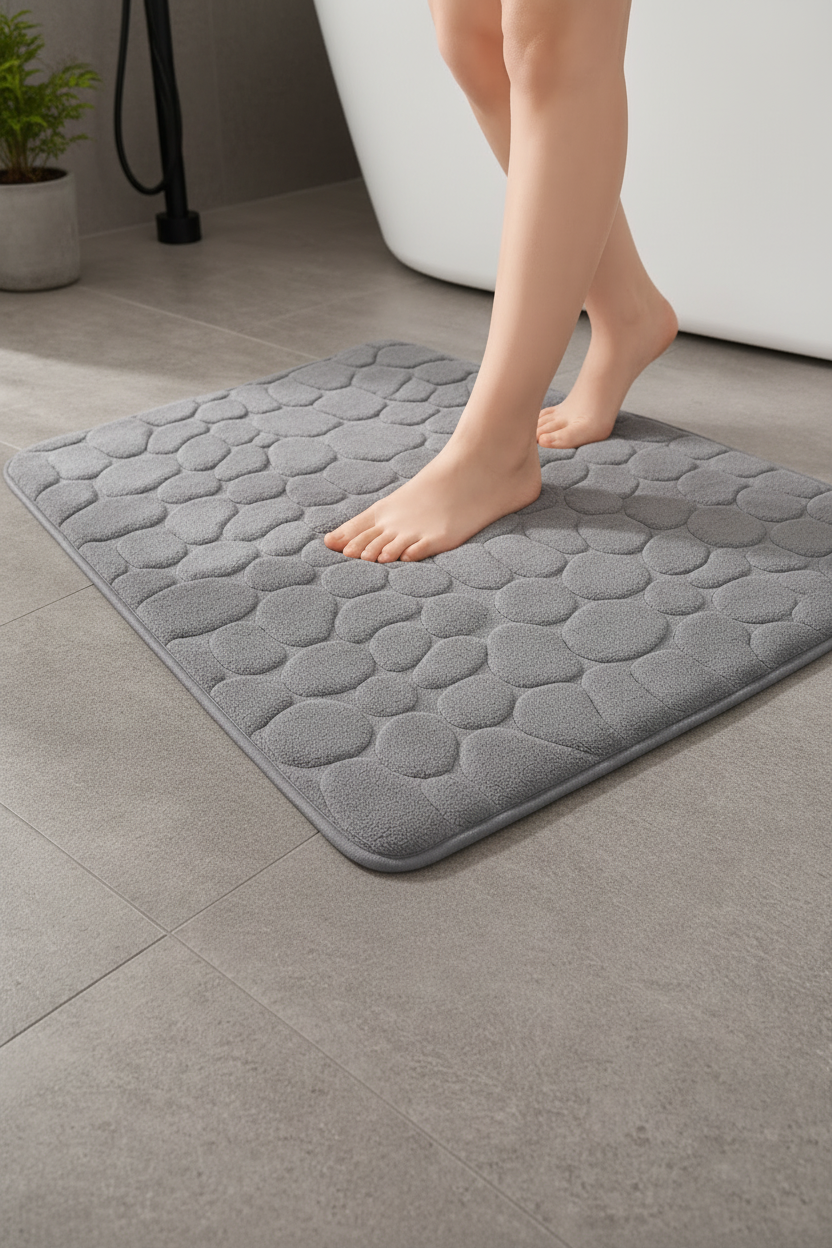 Feet on mat - minimalist concrete bathroom