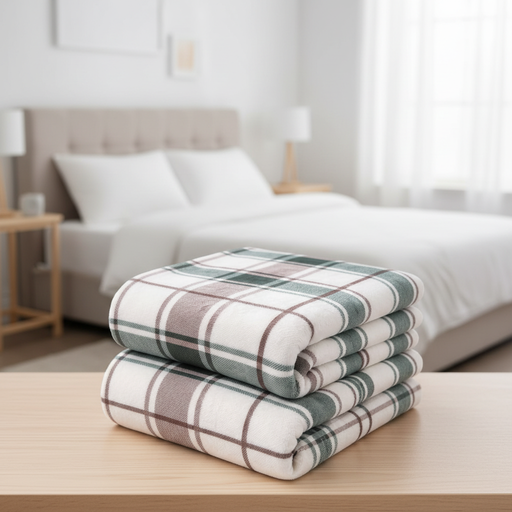 Folded blankets - light wood surface