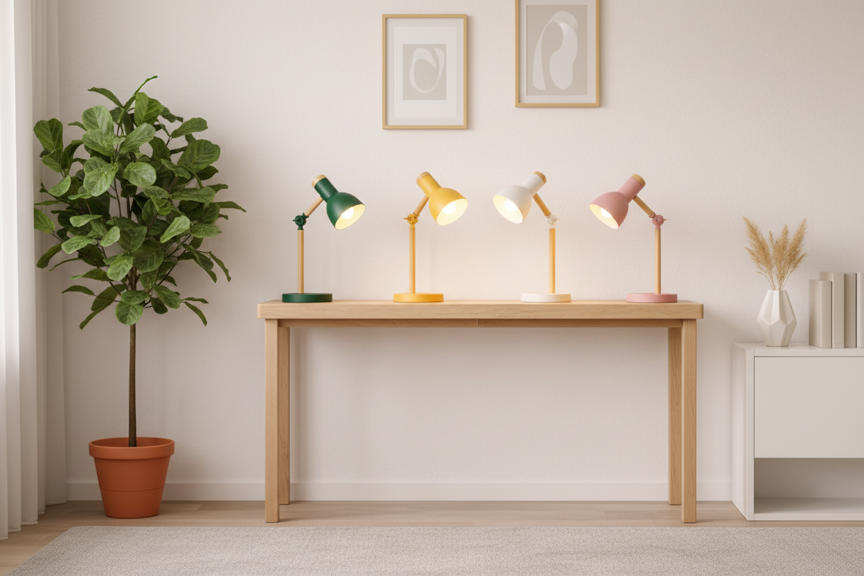 Four color lamps on console table