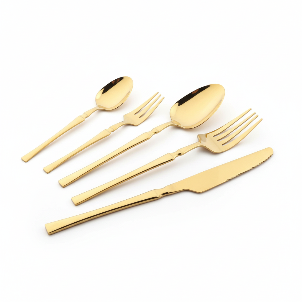 Gold cutlery from lower angle