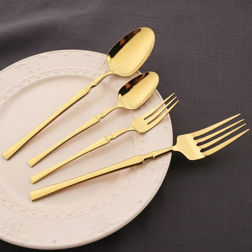 Gold cutlery on charcoal linen